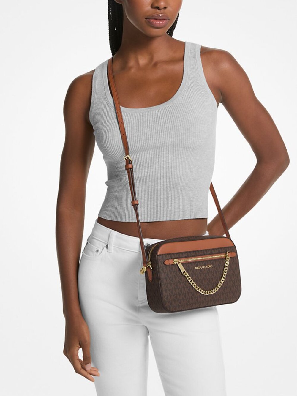 Michael Kors Jet Set Crossbody Bag Brown MK Logo Gold Chain NWT - Picture 2 of 5